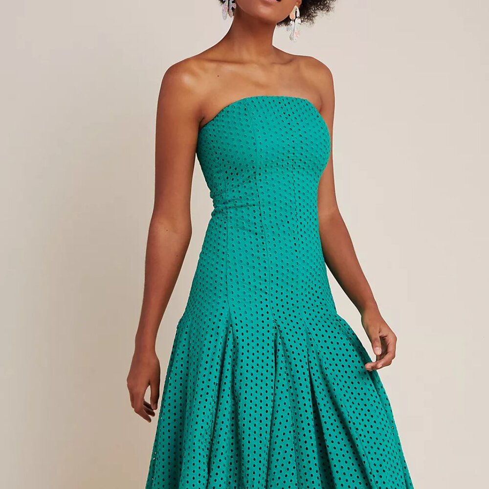 Maeve by Anthropologie Green Eyelet Removable Spaghetti Strap Dress